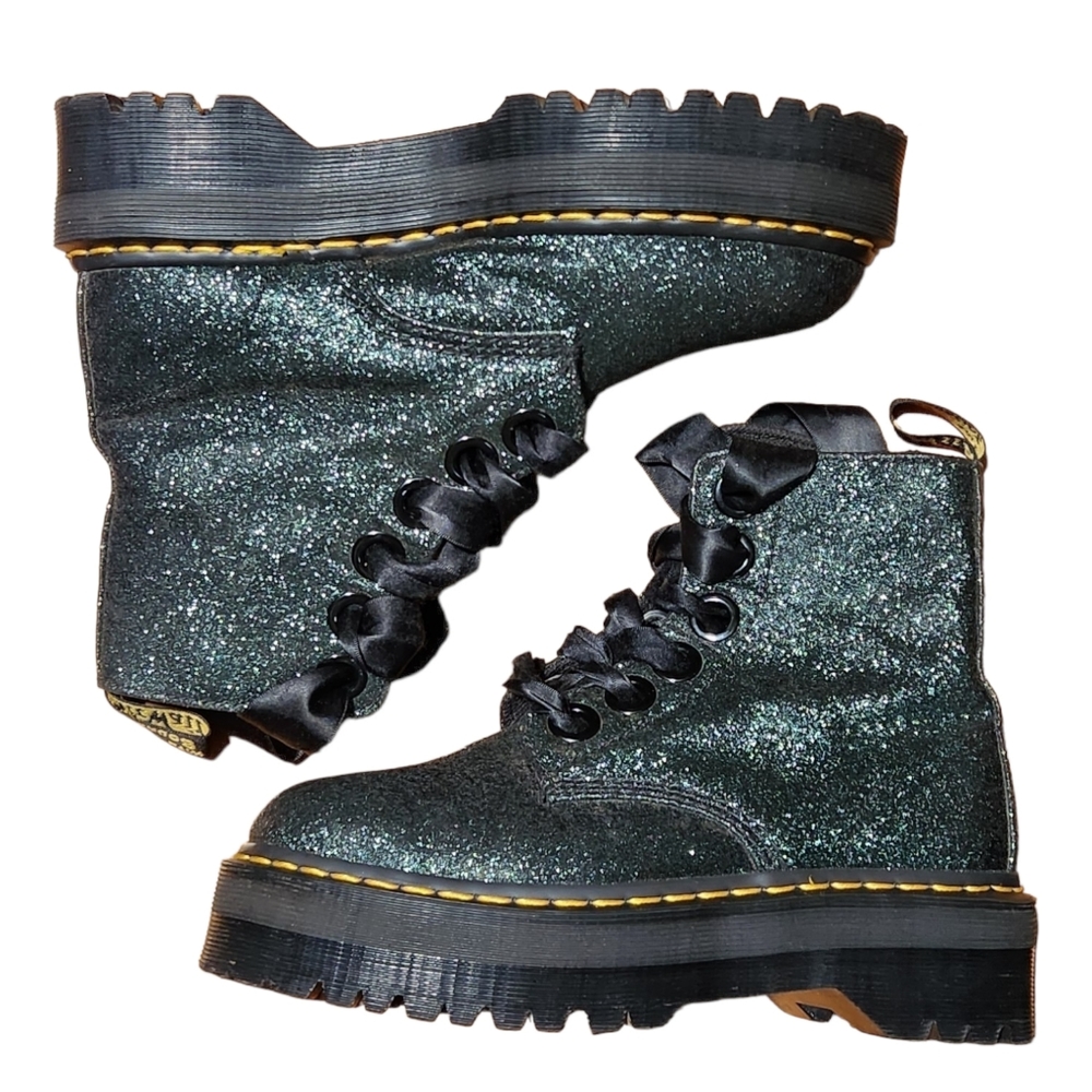 $215 Dr Martens Molly Fine Glitter Chunky Emerald Green Black PLATFORM Boot 8 39